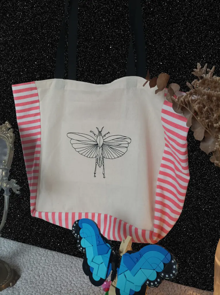 Cabas brodé – Sauterelle & rayures roses