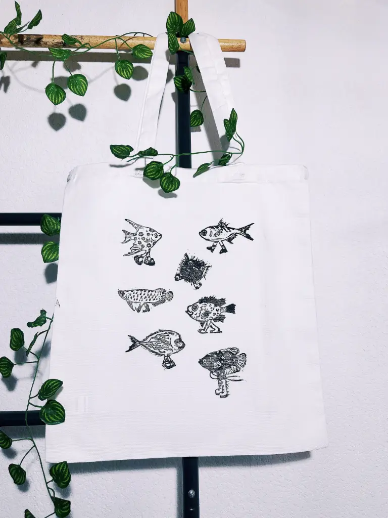 Totebag blanc imprimé poissons