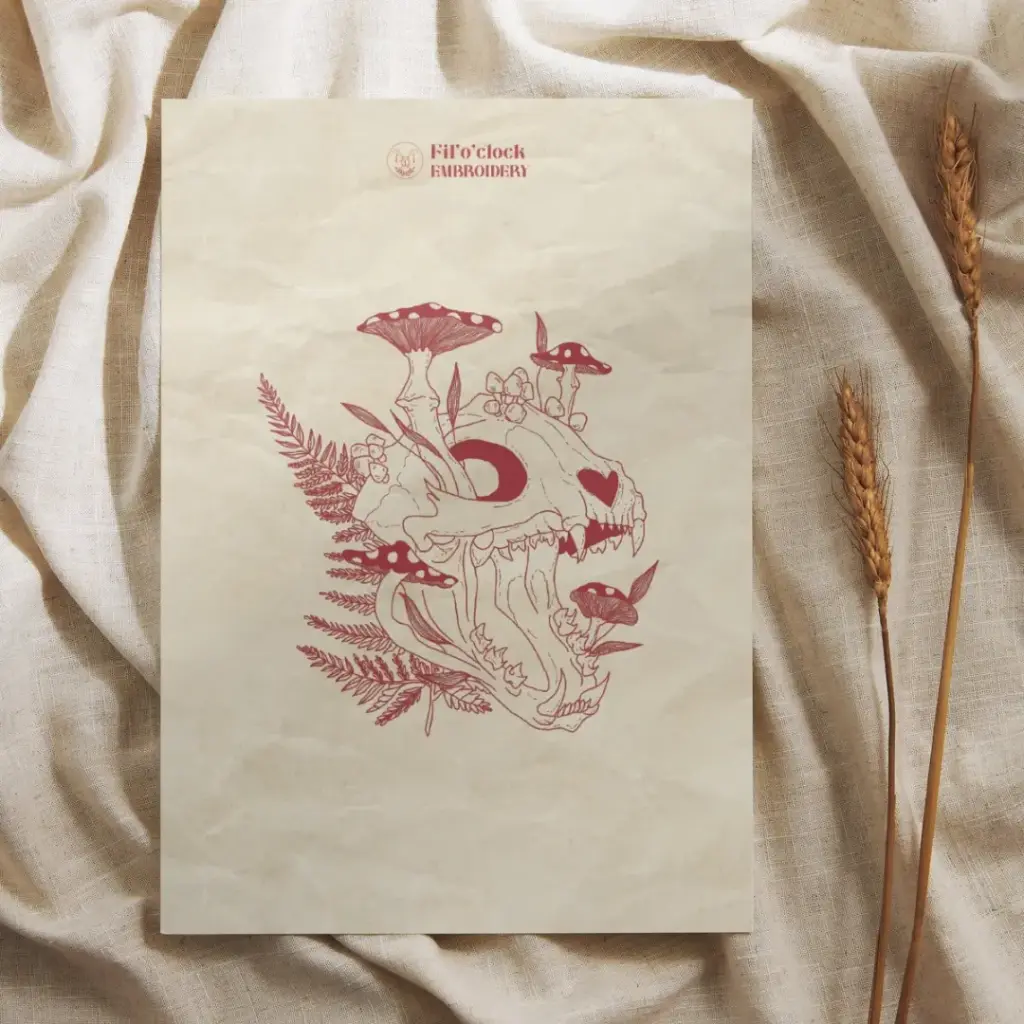 Carte illustrée Crâne chat fleuri