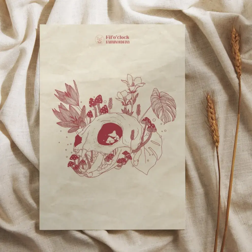 Carte illustrée crane chat fleuri 2